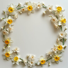 Fototapeta premium Daffodil flowers crown frame on white background, space in the middle