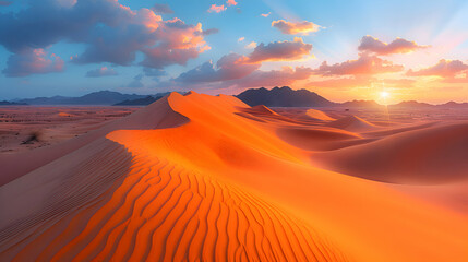 An ultra HD view of nature sand dunes at sunrise, the sky glowing with vibrant colors and the sand bathed in golden light
