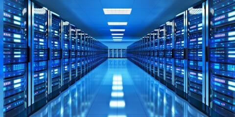 Rows of server racks with bright lights reflecting off the shiny floor.