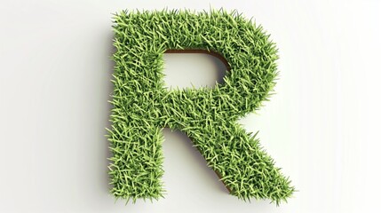 A realistic and textured letter R, composed of dense green grass, with sharp contours that define its unique form, on a white background.