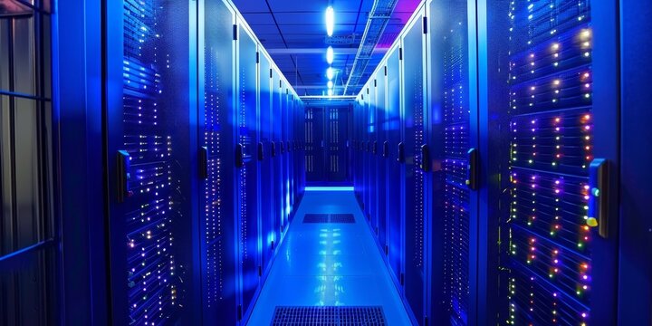 Server room. Rows of server racks with bright lights in modern data center.
