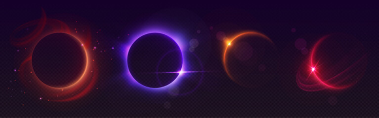 Solar eclipse light ring. Moon flare glow in space effect. Total lunar phase with neon planet edge shine at night. Abstract magic astrology horizon. Cosmic outer purple and orange sunrise realistic © klyaksun
