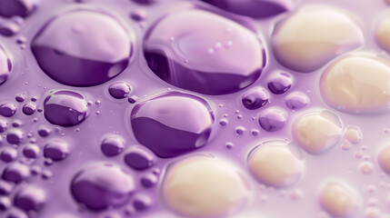 Oil drops in soft cream and vibrant violet displayed in an elegant widescreen format,