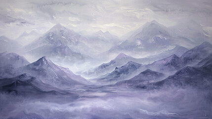 Obraz premium Lavender and soft grey misty mountains depicted in a surreal abstract oil painting,