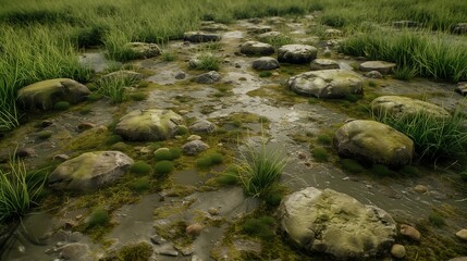A realistic texture of a damp ground covered in thick moss and scattered with rounded stones, complemented by clusters of green grass, for a realistic game setting.