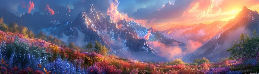 A breathtaking view of a colorful mountain landscape at sunset, featuring vibrant flowers, majestic peaks, and dramatic skies.