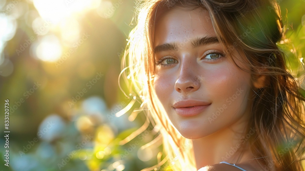 Poster young woman with radiant face skin, enjoying a sunny day in a par