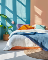 Multicolor modern bedroom interiors with minimalist decor, a bed and cosy elements. Interiors composition with minimal furniture and copy space