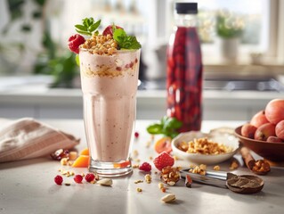 Protein shake decorated with fruits and nuts. ​​Emphasis on freshness and nutritional value.