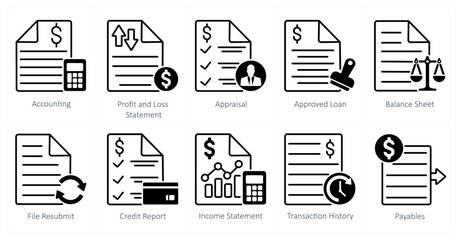 A set of 10 banking icons as accounting, profit and loss statement, appraisal