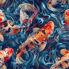 seamless pattern of koi fish swimming through pond ripples