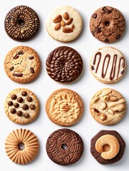 Assortment of circular cookies, traditional and nut collection, on blank backdrop with cutout file. Various diverse patterns. Template for graphic design.