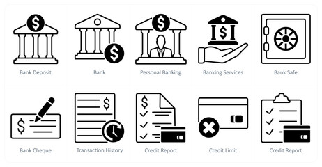A set of 10 banking icons as bank deposit, bank, personal banking, banking services