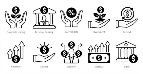 A set of 10 banking icons as growth investing, personal banking, interest rate