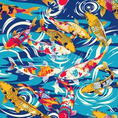 seamless pattern of koi fish swimming through pond ripples