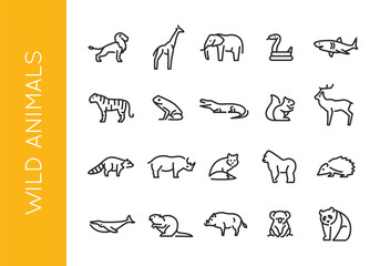 Wild Animals icons. Set of 20 trendy minimal wild animal icons including a monkey, giraffe, elephant, and more. Ideal for web pages, mobile apps, packaging design. Vector illustration