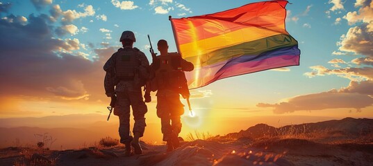 Silhouette of military soldier with rainbow flag. LGBT pride gender equality wallpaper. Generative AI technology.	
