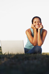 Grass, laptop and portrait of girl, relax and student in park, rest and studying for exam with smile. Outdoor, person and woman in lawn, nature and happy with computer, online and internet for search