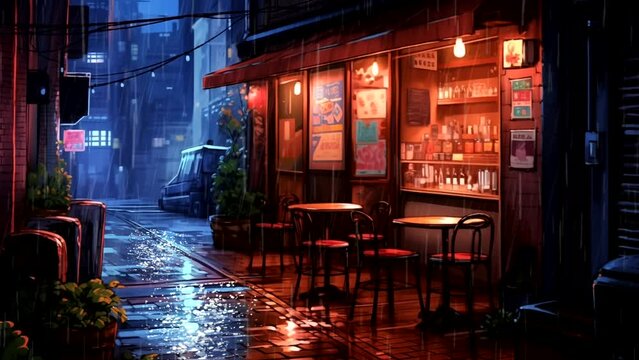 Cafe exterior at rainy night. Looping time-lapse animation background