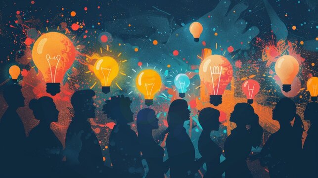 A group of people brainstorming together, with thought bubbles containing various ideas and solutions floating above their heads.