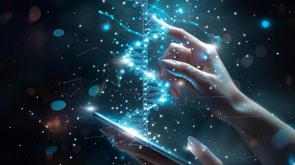 Medicine doctor touching electronic medical record on tablet. DNA. Digital healthcare and network connection on hologram modern virtual screen interface, medical technology and futuristic concept.