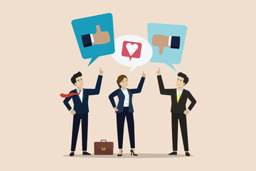 Social feedback, social media positive and negative feedback, customer comments concept, people giving opinion with thumb up, thumb down feedback.