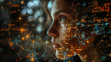 A close-up of a person's face, deep in thought, with mathematical equations and formulas floating around them, representing the process of finding a mathematical solution.