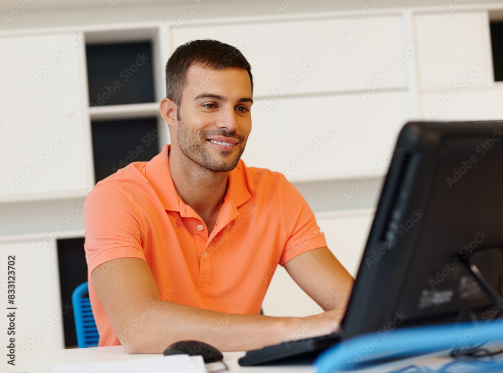 Poster business man, computer and work from home for online planning, virtual and technical solution on web