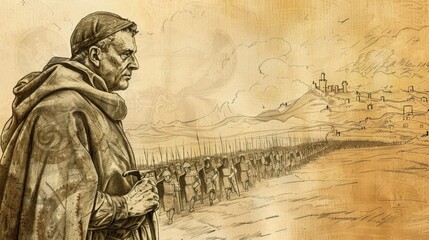 Fototapeta premium St. John of Capistrano Leading Soldiers on Medieval Battlefield, Biblical Illustration, Beige Background, Copyspace