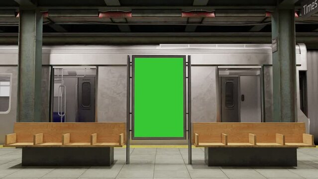 Empty billboard with a green screen for advertising on a subway station. 4k 3D animation 