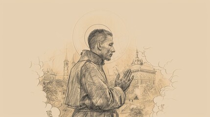 Fototapeta premium St. John Berchmans Praying in 17th-Century Belgian Monastery, Biblical Illustration, Beige Background, Copyspace