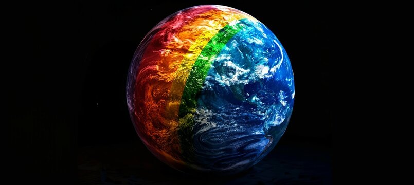 Colorful earth globe on dark background. LGBT pride gender equality symbol. Generative AI technology.	
