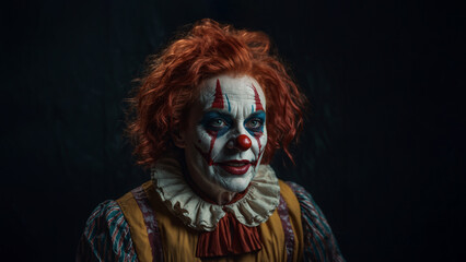 Portrait of an old creepy scary female clown with red hair and disturbing expression