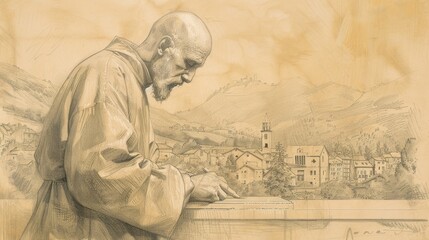 Fototapeta premium St. Francis de Sales Writing in 17th-Century French Village, Biblical Illustration, Beige Background, Copyspace