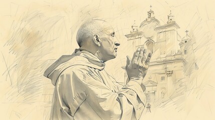 Fototapeta premium St. Ignatius of Loyola in Prayer, Vision of Christ, Biblical Illustration, Beige Background, Copyspace