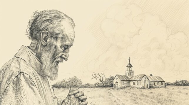 St. John Vianney Hearing Confessions in Small Rural Church, Biblical Illustration, Beige Background, Copyspace