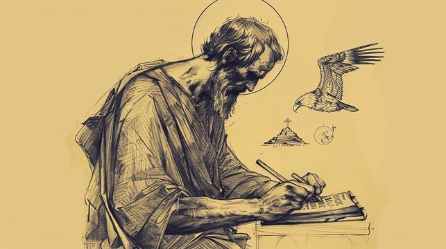 St. John the Apostle Writing Book of Revelation, Biblical Illustration, Beige Background, Copyspace