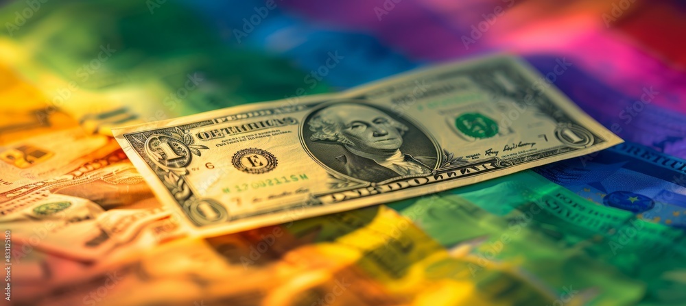 Poster dollar money with rainbow colorful background. generative ai technology.