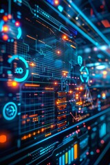 Obraz premium Icon and network infrastructure or data sharing on global dashboard and interface 