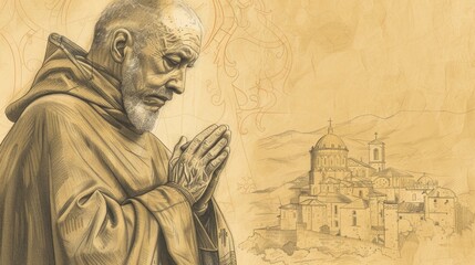 Fototapeta premium Deep Contemplation of St. John of the Cross, Spanish Countryside, Biblical Illustration, Beige Background, Copyspace