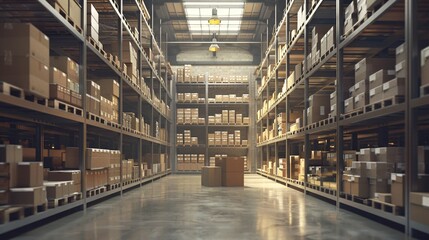 Fototapeta premium A commercial storage facility with shelves filled with cartons and parcels. Industrial background for logistics and shipping. 3d render.