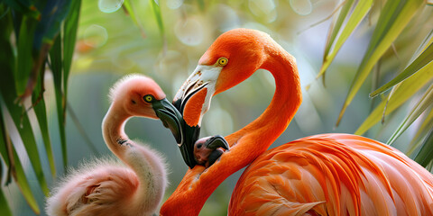 A baby flamingo stands next to an adult flamingo, both surrounded by greenery