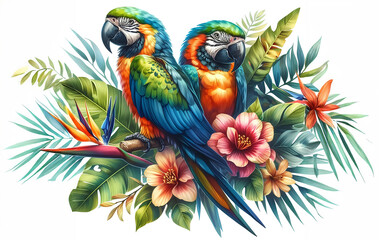 Fototapeta premium Watercolor illustration of two colorful parrots sitting on a branch surrounded by leaves and flowers