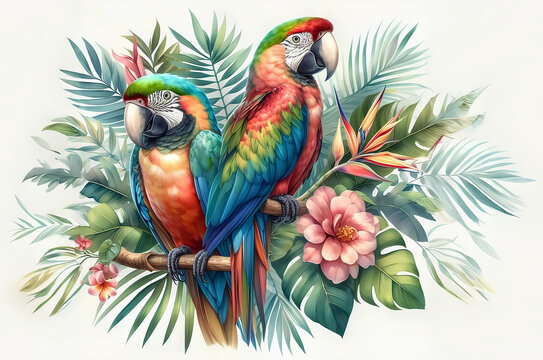 Watercolor illustration of two colorful parrots sitting on a branch surrounded by leaves and flowers