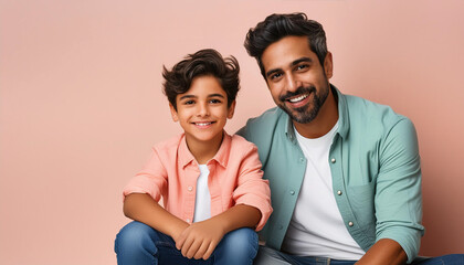Obraz premium A father and son smiling together while sitting next to each other; Father's Day