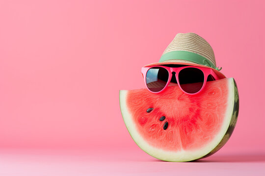 A large watermelon in sunglasses and a summer hat on a bright pink background
