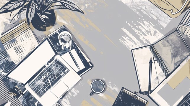Popular shared work space with contemporary spotted pattern and hand-drawn details, featuring a desk with computer, light, and java.