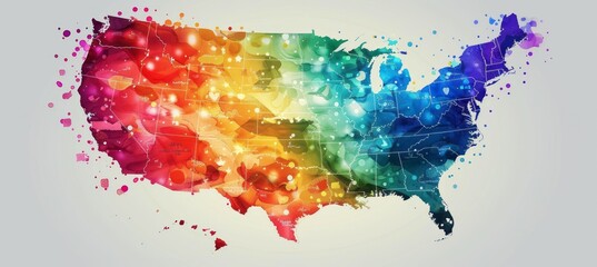 Colorful United State of America map on white background. LGBT pride gender equality wallpaper. Generative AI technology.	
