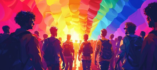 Silhouette of people at LBGT festival parade. Trans gay lesbian gender equality movement symbol. Generative AI technology.	
