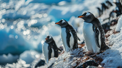 Obraz premium A Contemporary Animals of Penguins Waddling On Ice Floe On Blurry Background